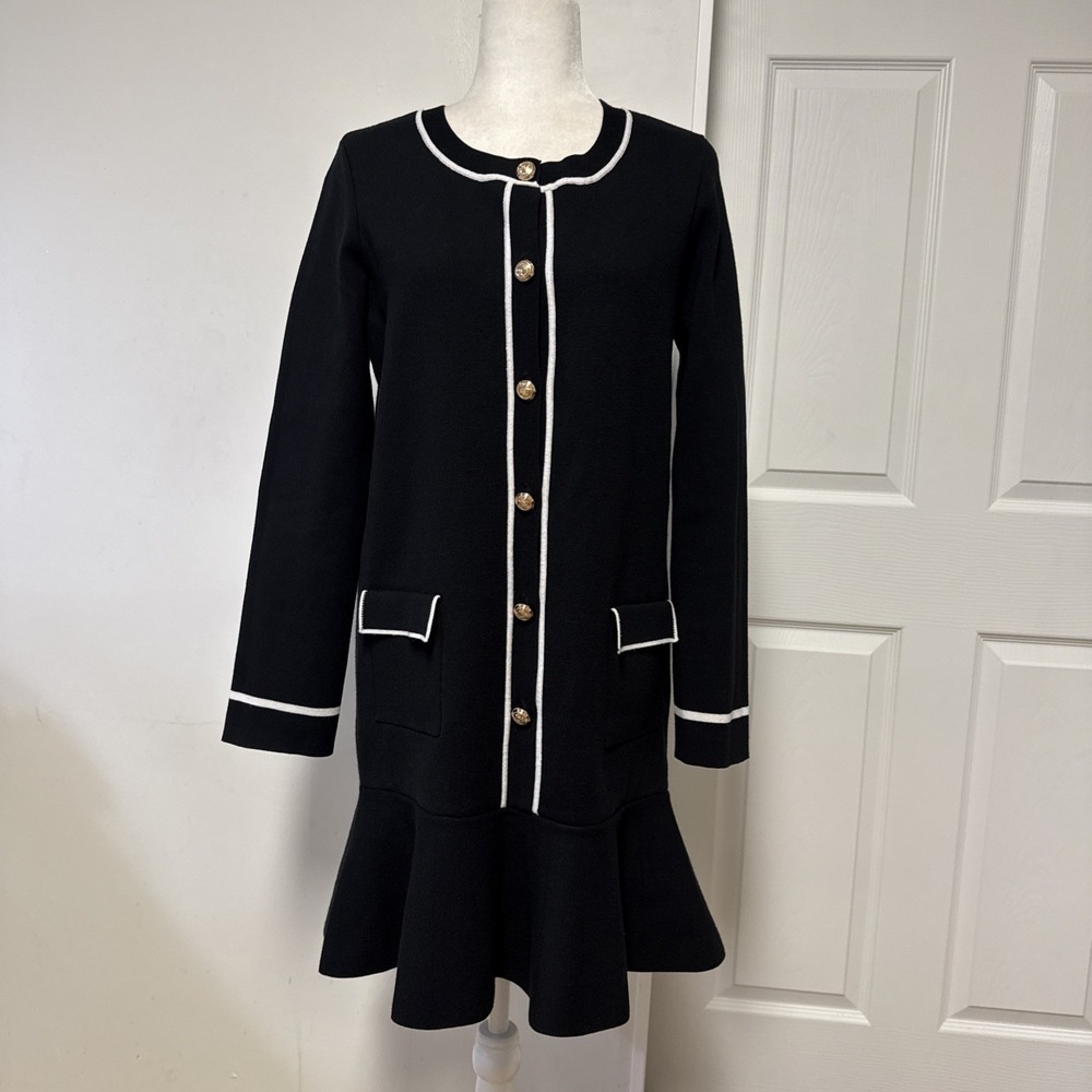 ENDLESS ROSE KNIT BLACK FLARE SKIRT DRESS WITH GOLD BUTTONS & WHITE TRIM Sz S
